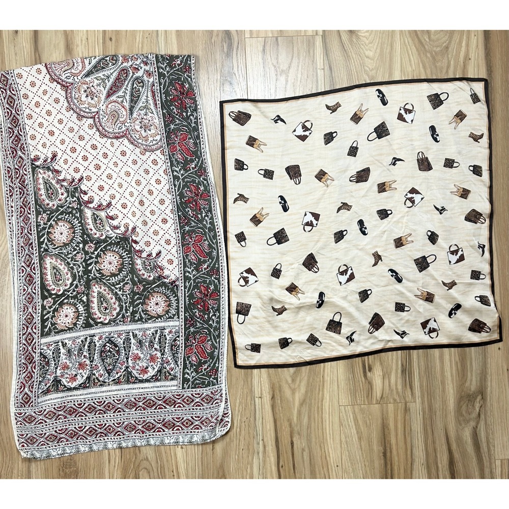 Talbots Silk Scarf Set/2 Paisley & Handbag‎ Shoe Print Elegant Luxe Old Money
